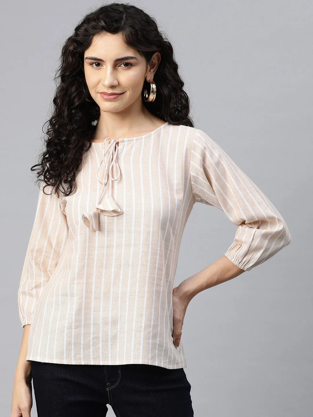 Cottinfab Women Striped Tie-Up Neck Puff Sleeve Cotton Top