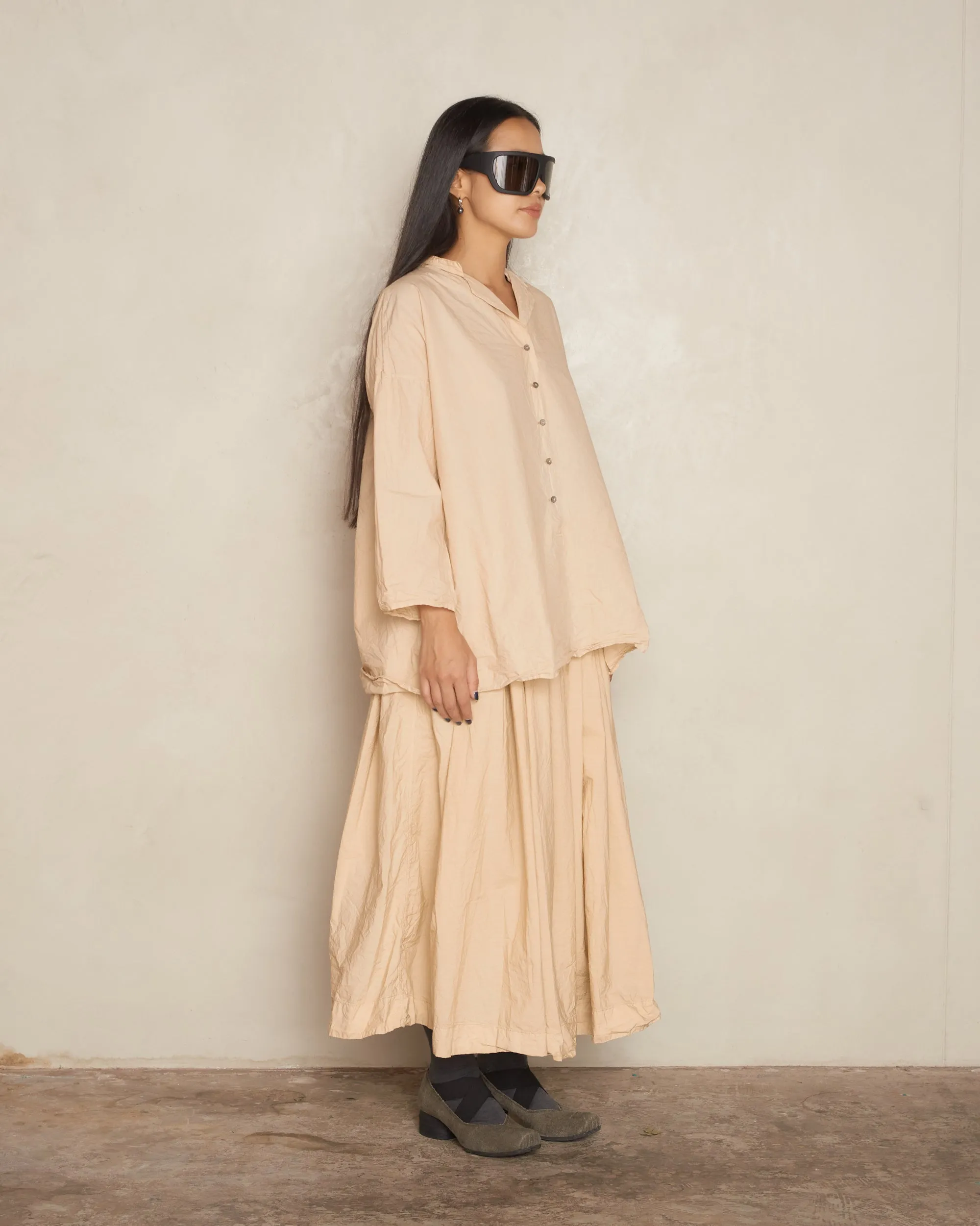 Cream Pleated Long Skirt
