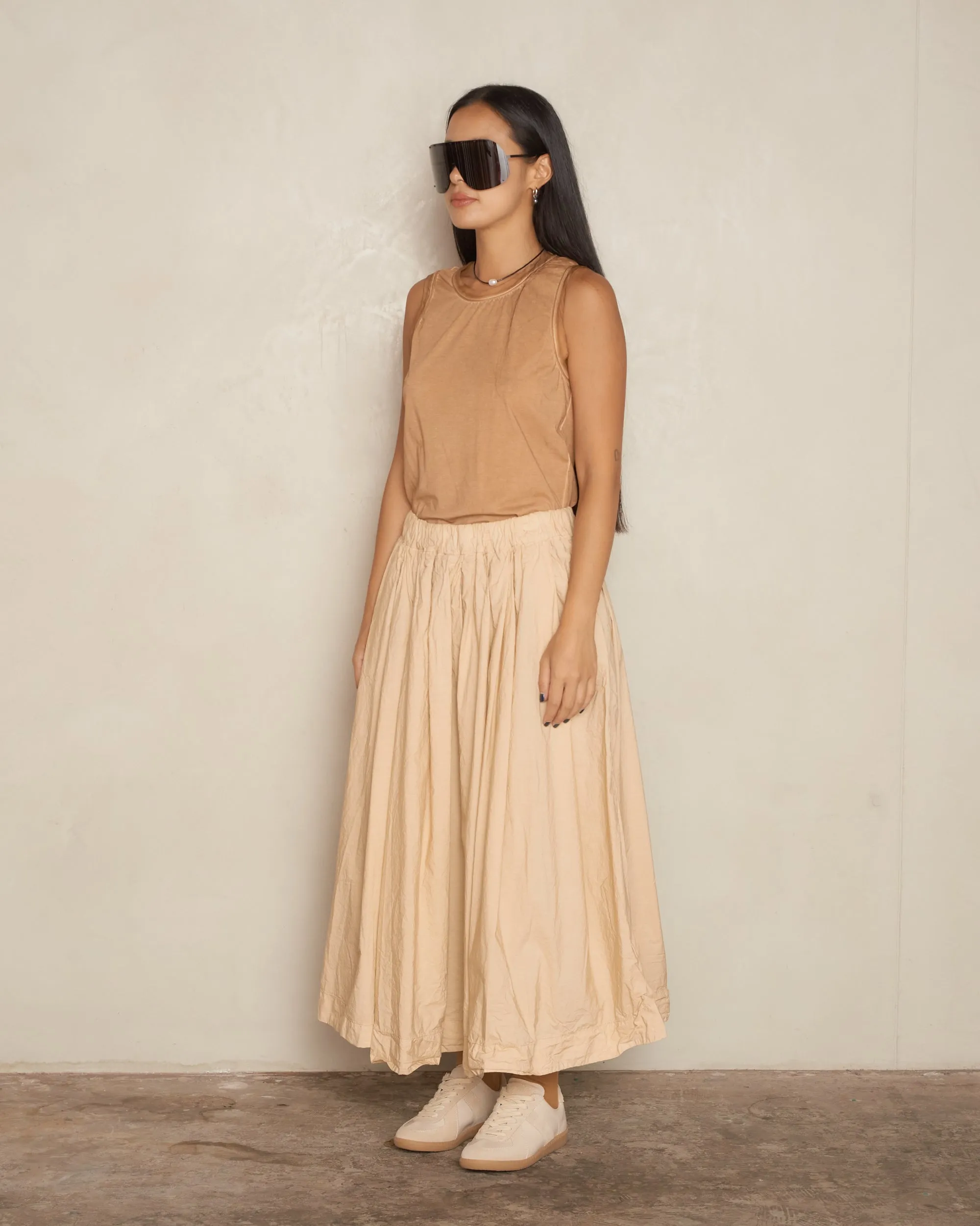 Cream Pleated Long Skirt