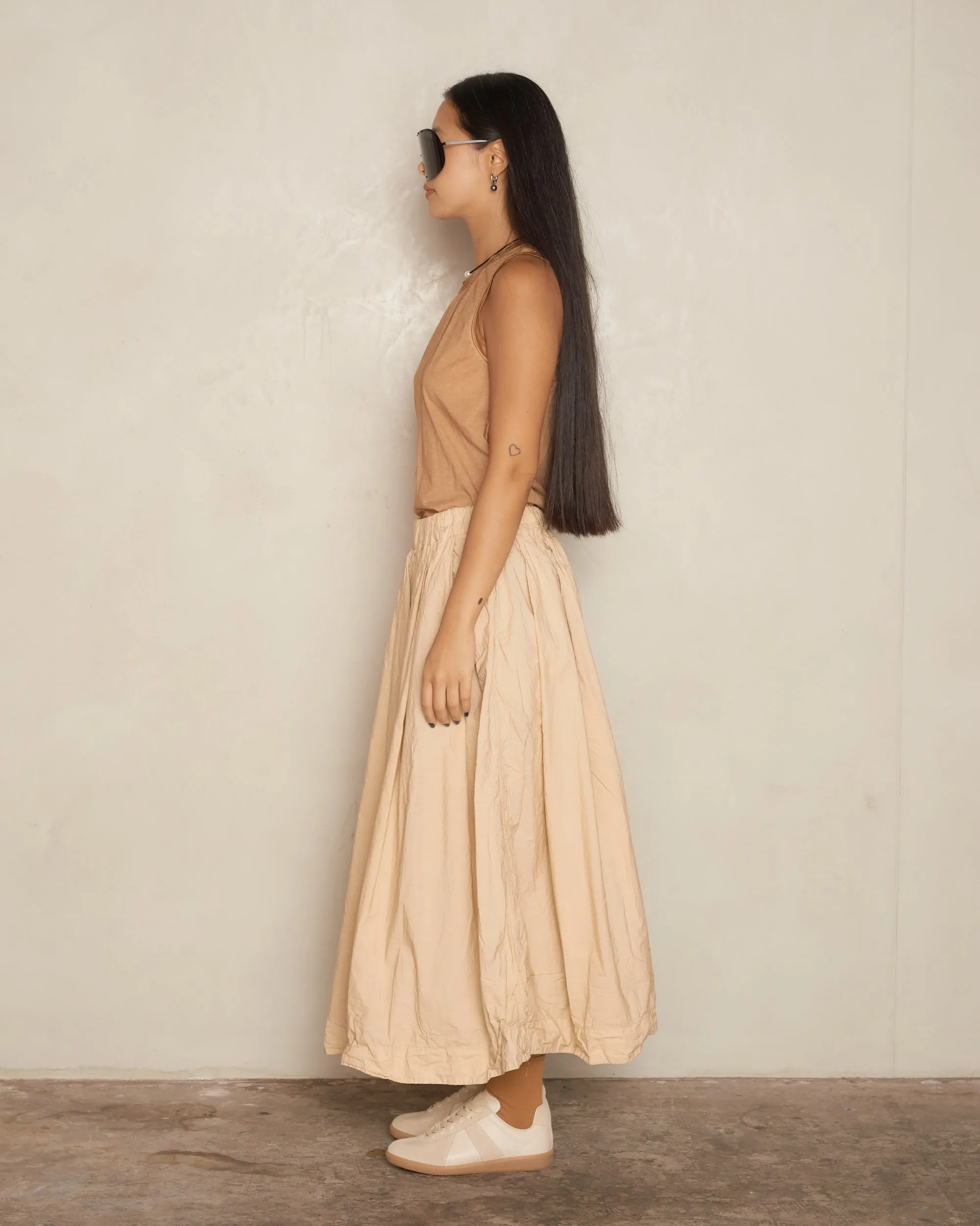 Cream Pleated Long Skirt