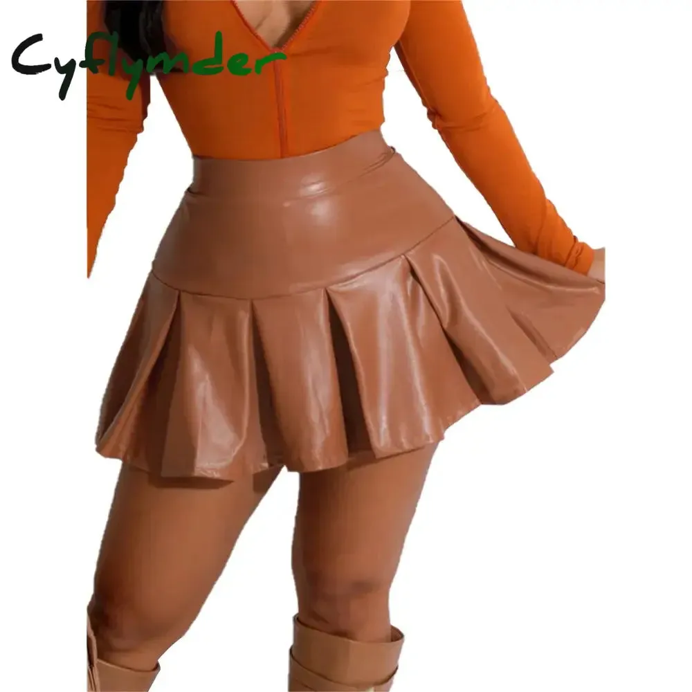 Cyflymder skirt outfits Winter New Women Sexy High Elastic Pu Pleated Leather Skirt Mini Pleated Skirt
