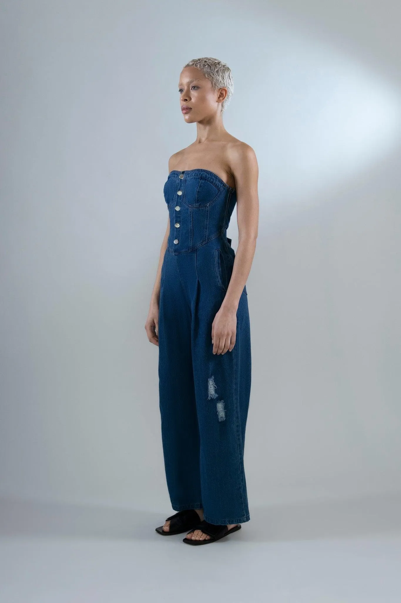 Denim Wide-Leg Jumpsuit in Cotton