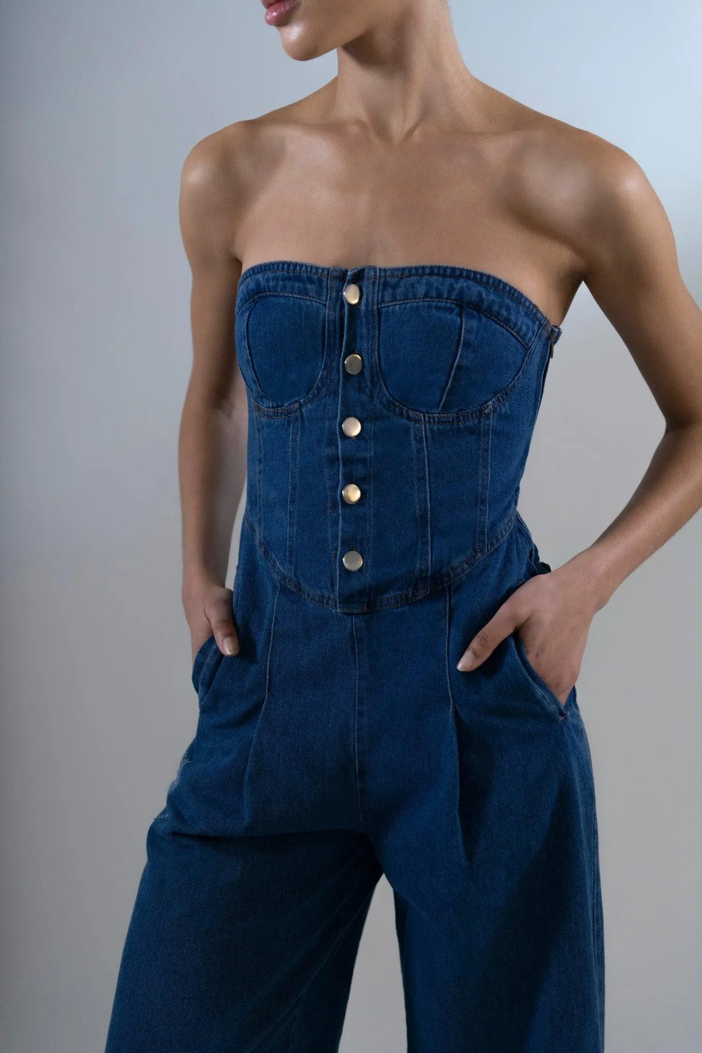 Denim Wide-Leg Jumpsuit in Cotton