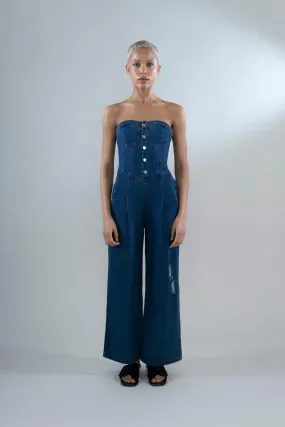 Denim Wide-Leg Jumpsuit in Cotton