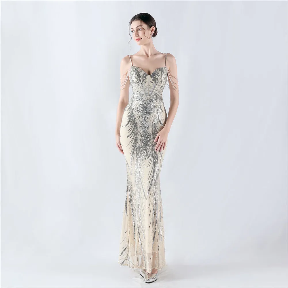 Elegant Boning Corset Floral Sequin Beaded Strap Evening Dress