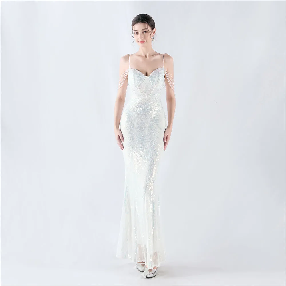 Elegant Boning Corset Floral Sequin Beaded Strap Evening Dress