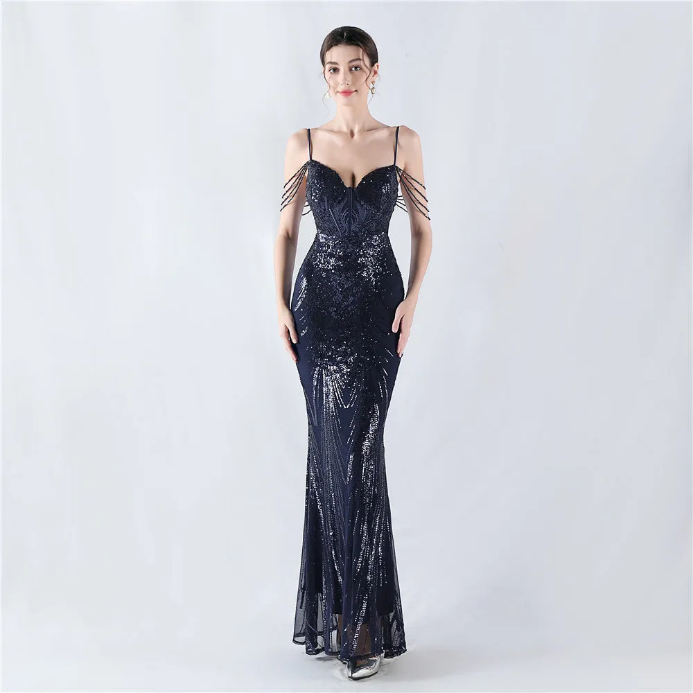 Elegant Boning Corset Floral Sequin Beaded Strap Evening Dress