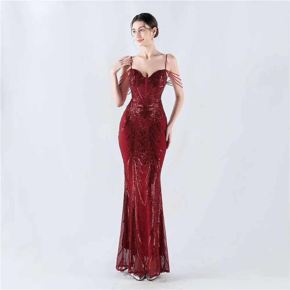 Elegant Boning Corset Floral Sequin Beaded Strap Evening Dress