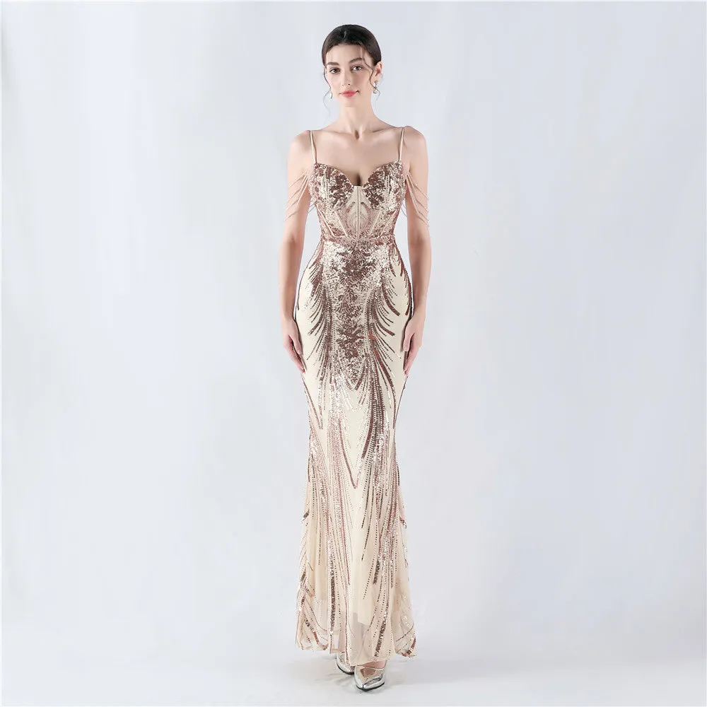 Elegant Boning Corset Floral Sequin Beaded Strap Evening Dress