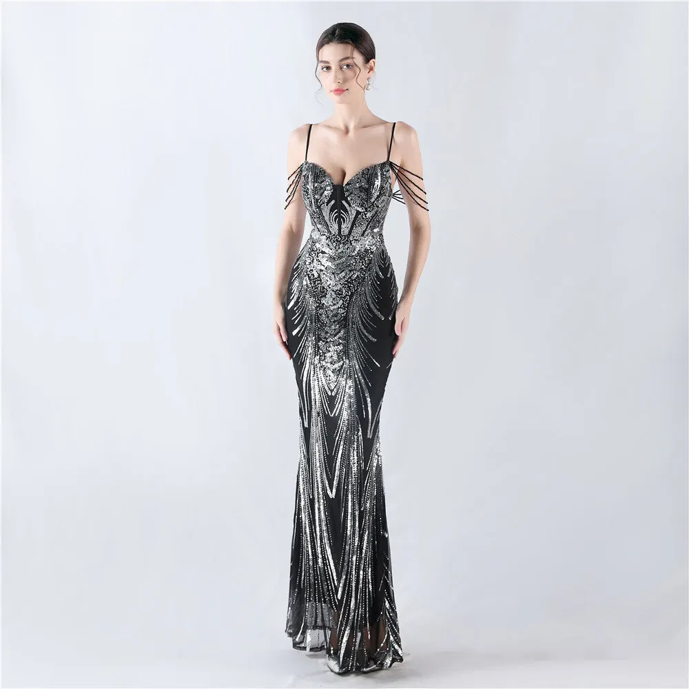 Elegant Boning Corset Floral Sequin Beaded Strap Evening Dress