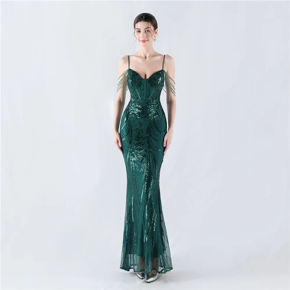 Elegant Boning Corset Floral Sequin Beaded Strap Evening Dress