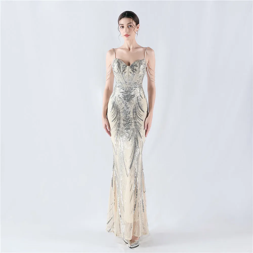 Elegant Boning Corset Floral Sequin Beaded Strap Evening Dress