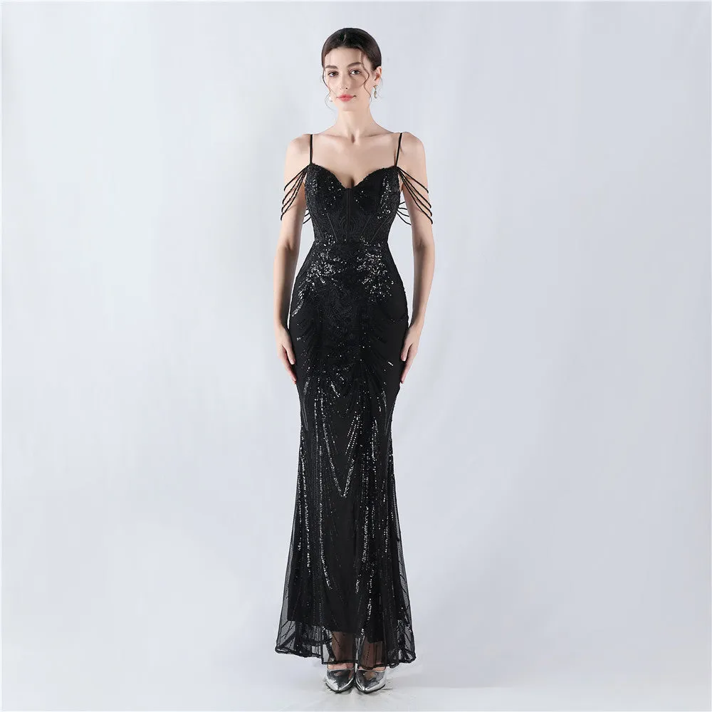 Elegant Boning Corset Floral Sequin Beaded Strap Evening Dress