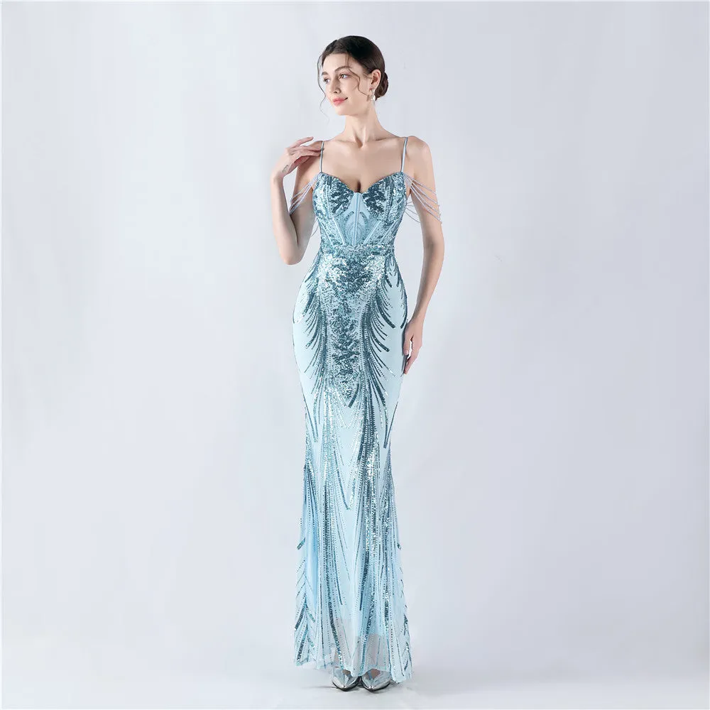 Elegant Boning Corset Floral Sequin Beaded Strap Evening Dress