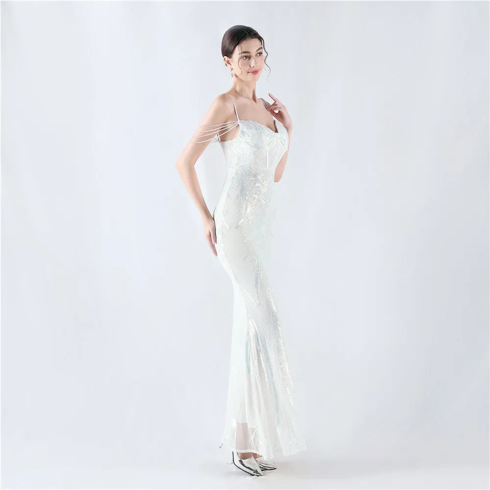 Elegant Boning Corset Floral Sequin Beaded Strap Evening Dress