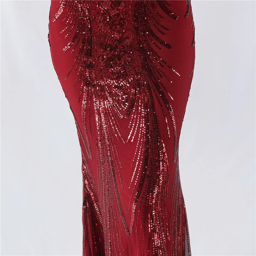 Elegant Boning Corset Floral Sequin Beaded Strap Evening Dress