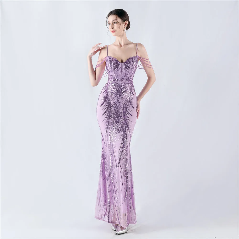 Elegant Boning Corset Floral Sequin Beaded Strap Evening Dress