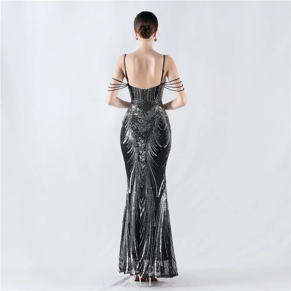 Elegant Boning Corset Floral Sequin Beaded Strap Evening Dress