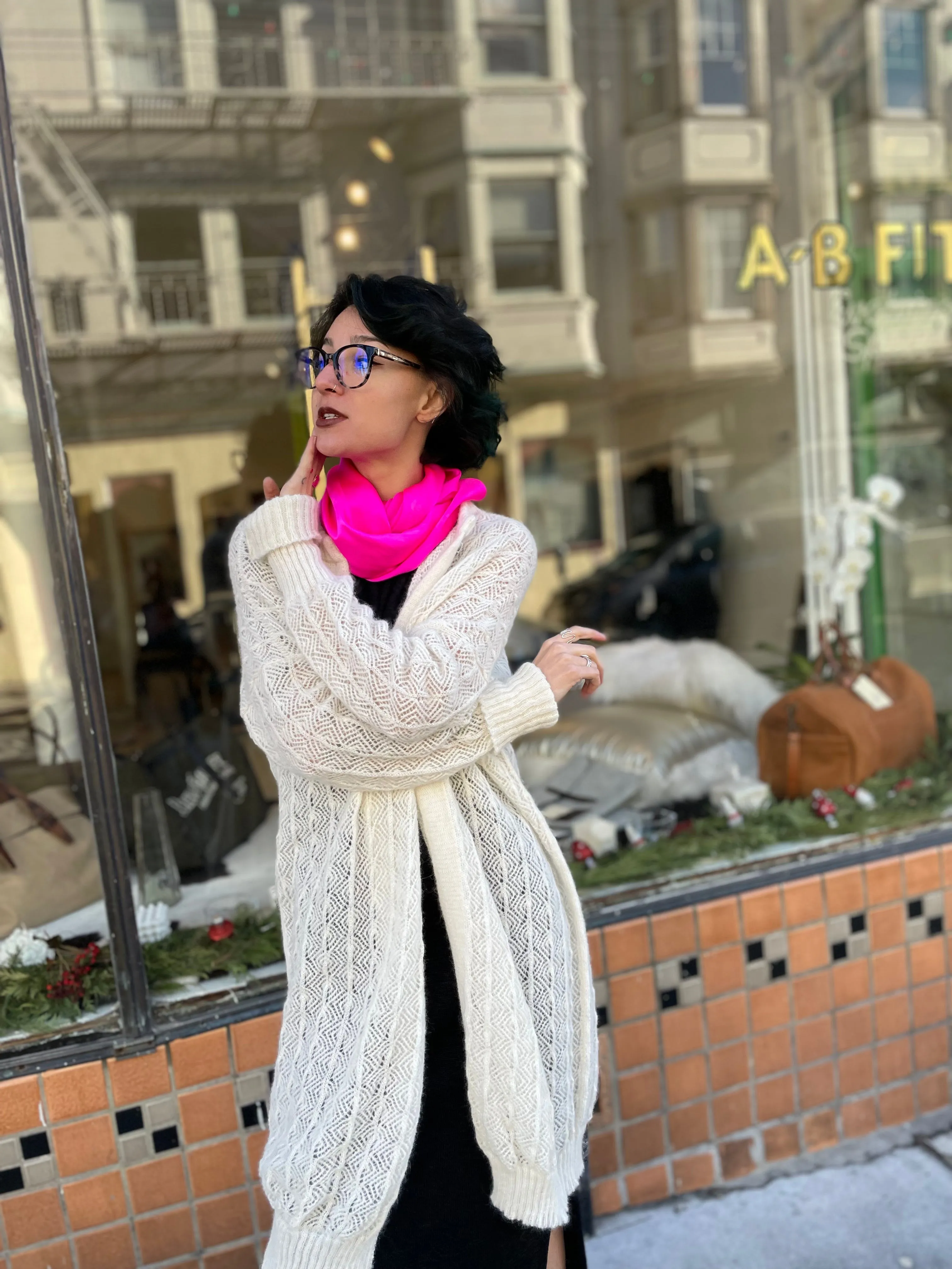 Feather Long Cardigan Ecru