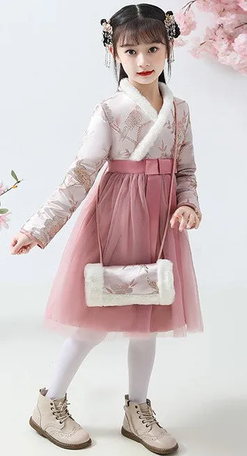 Floral Brocade Wadded Coat with Pleated Skirt Girl's Suit