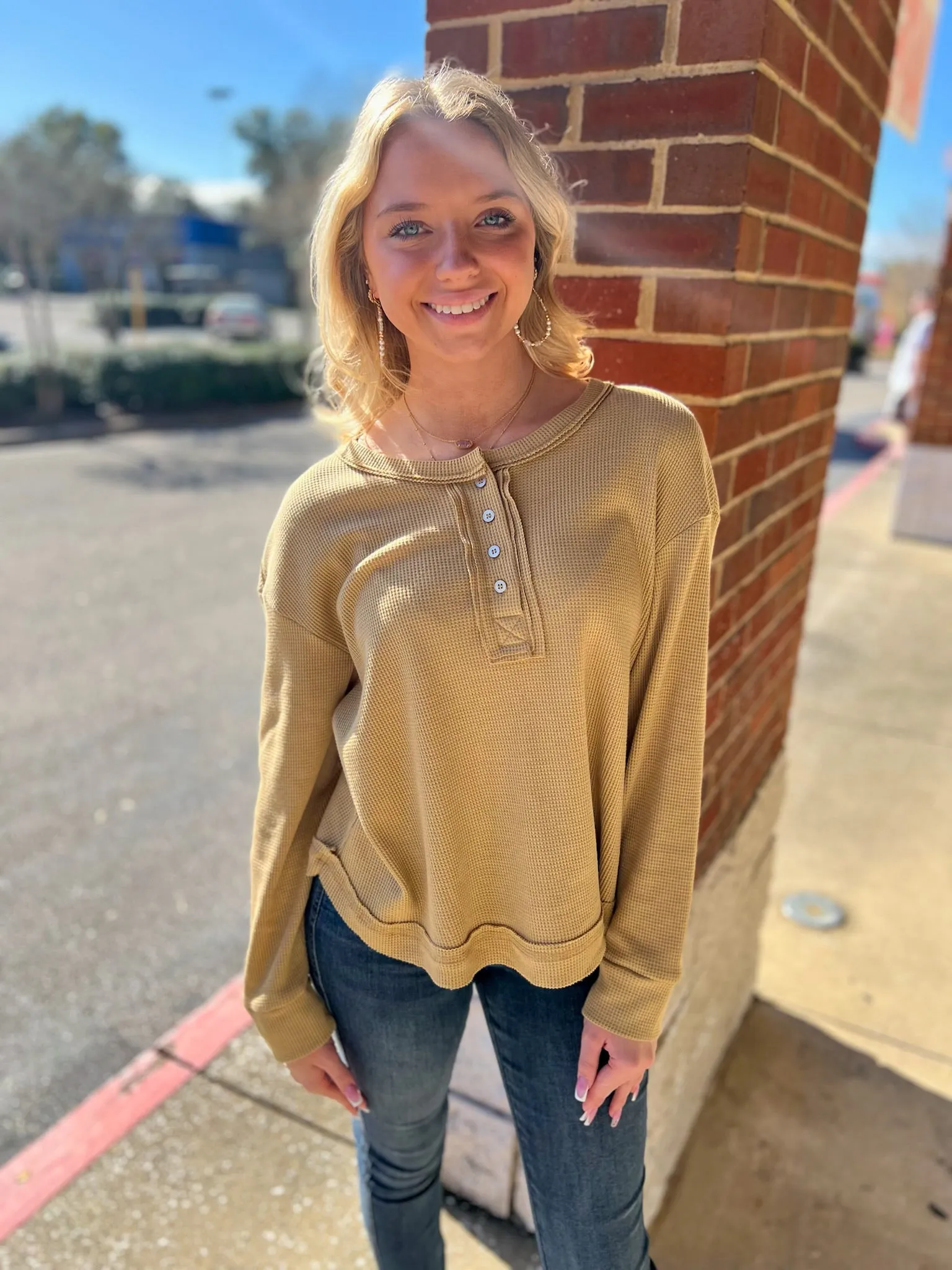 Get Going Khaki Waffle Knit Long Sleeve Henley Top