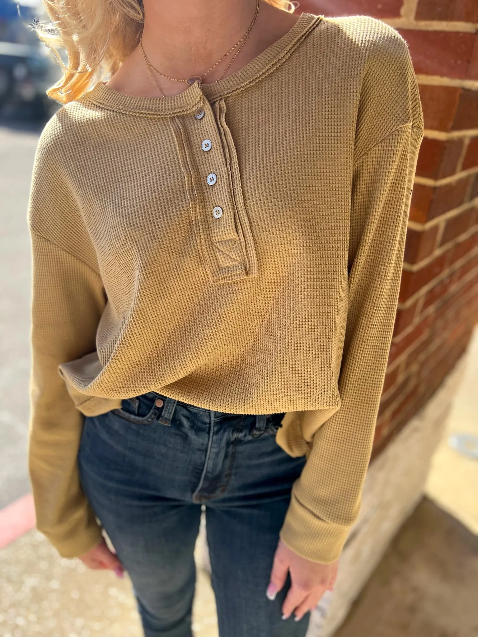 Get Going Khaki Waffle Knit Long Sleeve Henley Top