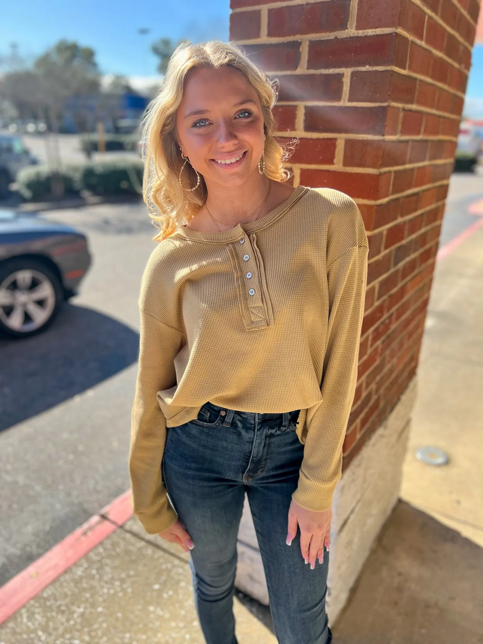 Get Going Khaki Waffle Knit Long Sleeve Henley Top