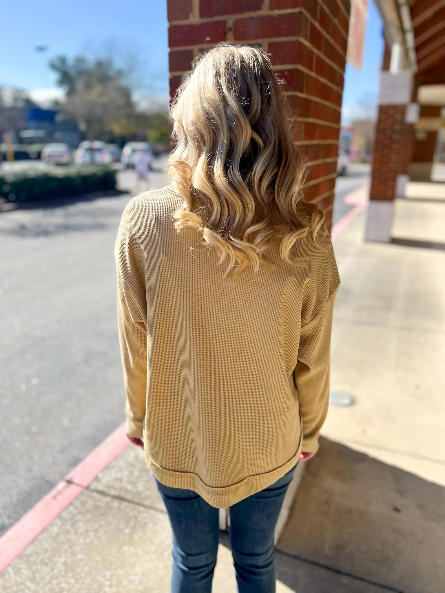 Get Going Khaki Waffle Knit Long Sleeve Henley Top