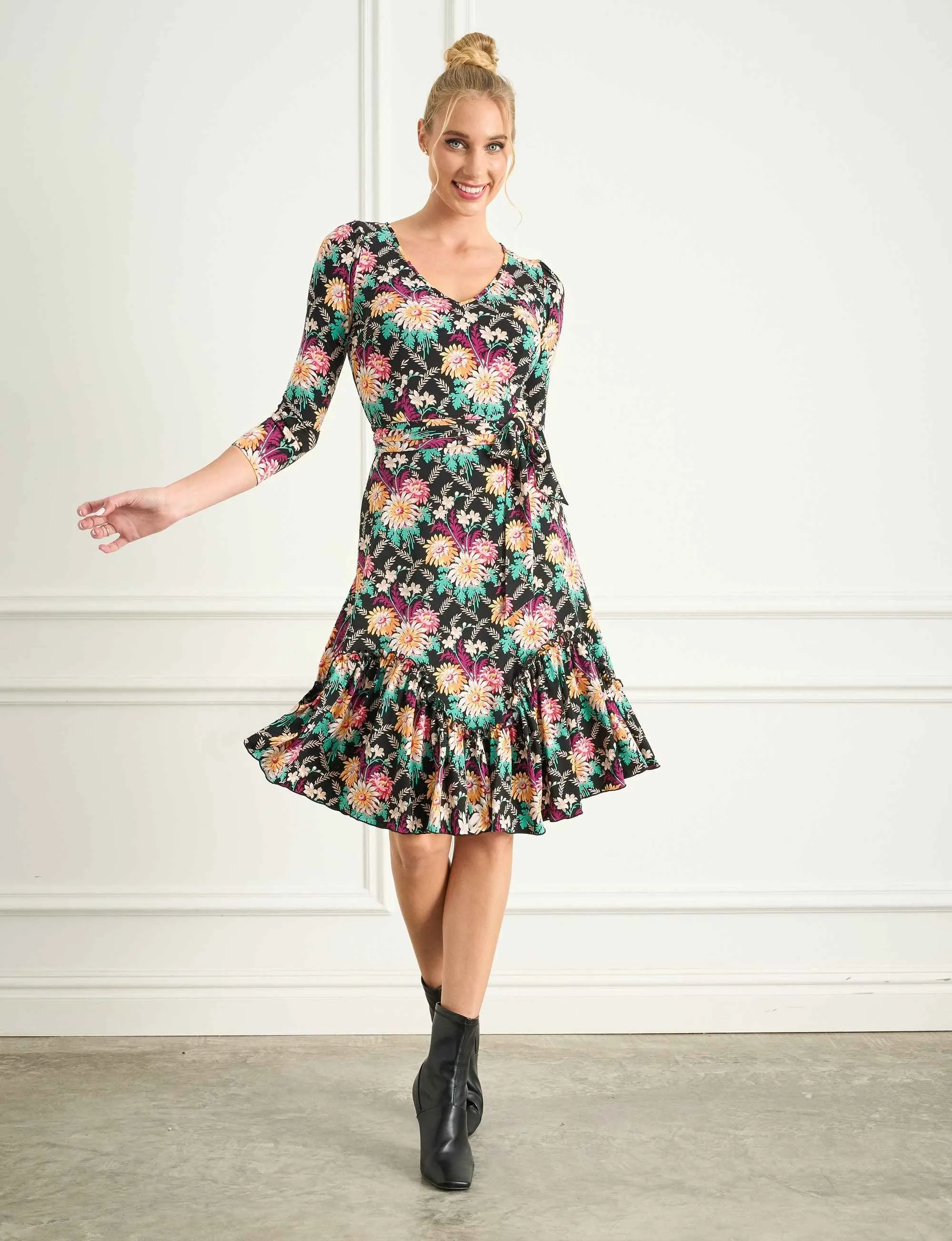 Greta 'Darling Dahlias' Fit and Flare Ruffle Dress FINAL SALE