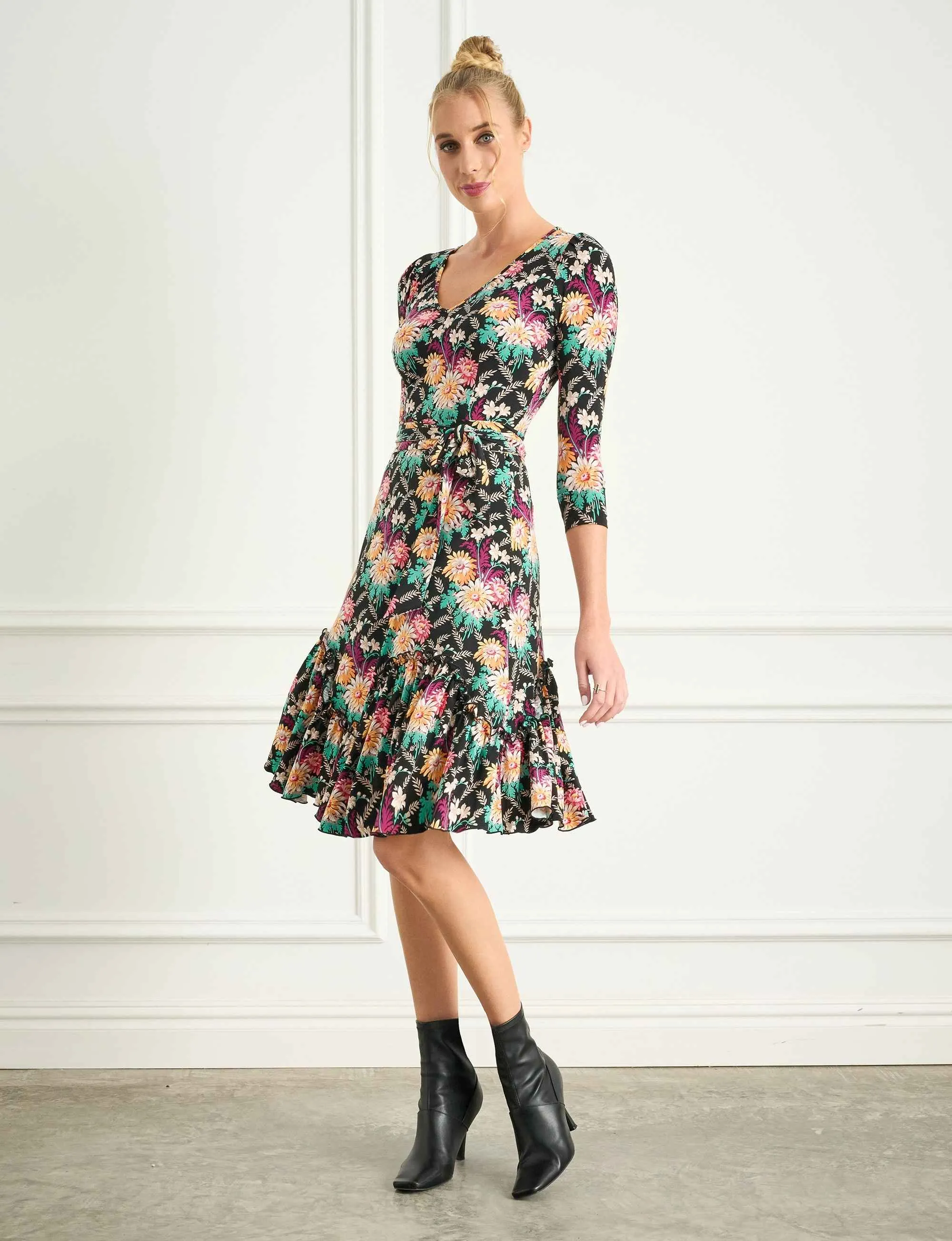 Greta 'Darling Dahlias' Fit and Flare Ruffle Dress FINAL SALE