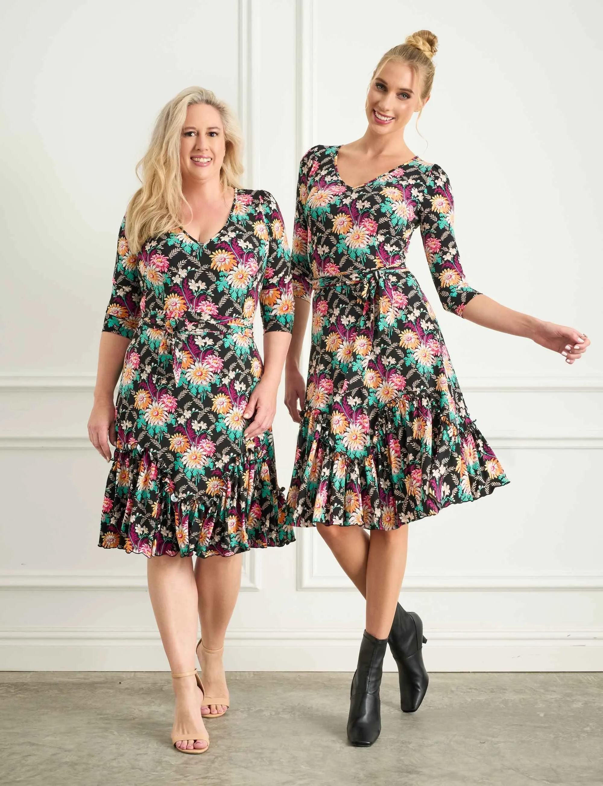 Greta 'Darling Dahlias' Fit and Flare Ruffle Dress FINAL SALE