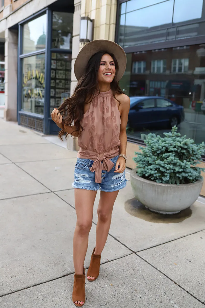 Huntleigh Embroidered Mock Neck Tie Back Top - Dusty Rose