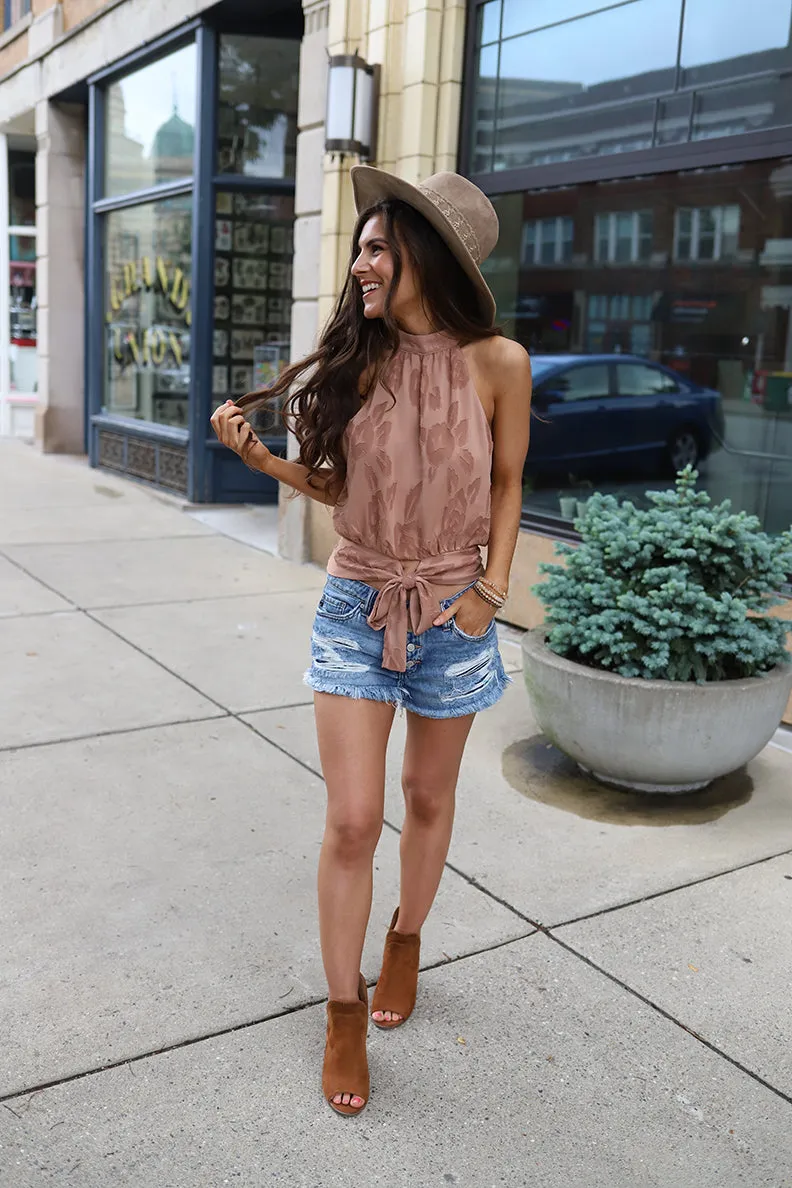 Huntleigh Embroidered Mock Neck Tie Back Top - Dusty Rose