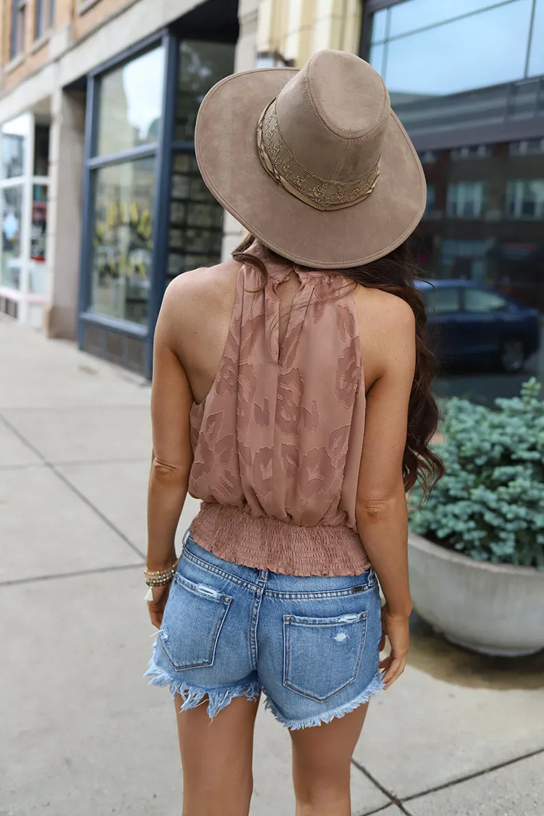 Huntleigh Embroidered Mock Neck Tie Back Top - Dusty Rose