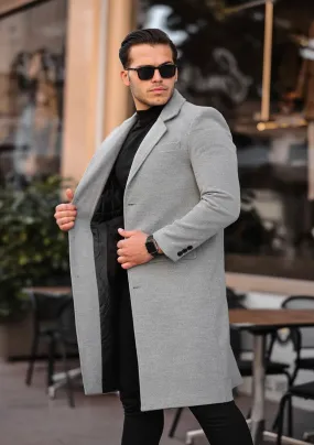 [John Shay] Light Grey Long Single-Breasted Pea Coat 100% Wool