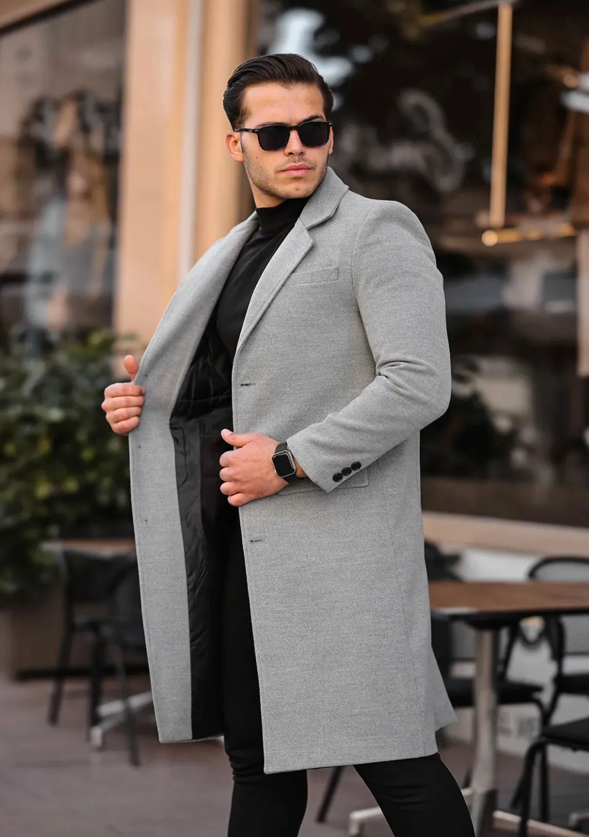 [John Shay] Light Grey Long Single-Breasted Pea Coat 100% Wool