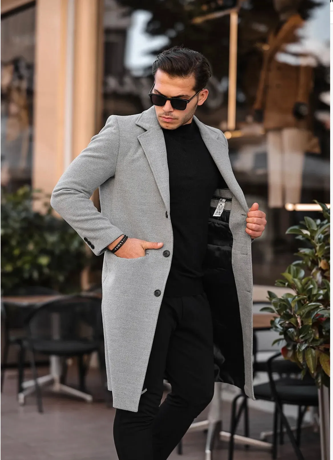 [John Shay] Light Grey Long Single-Breasted Pea Coat 100% Wool