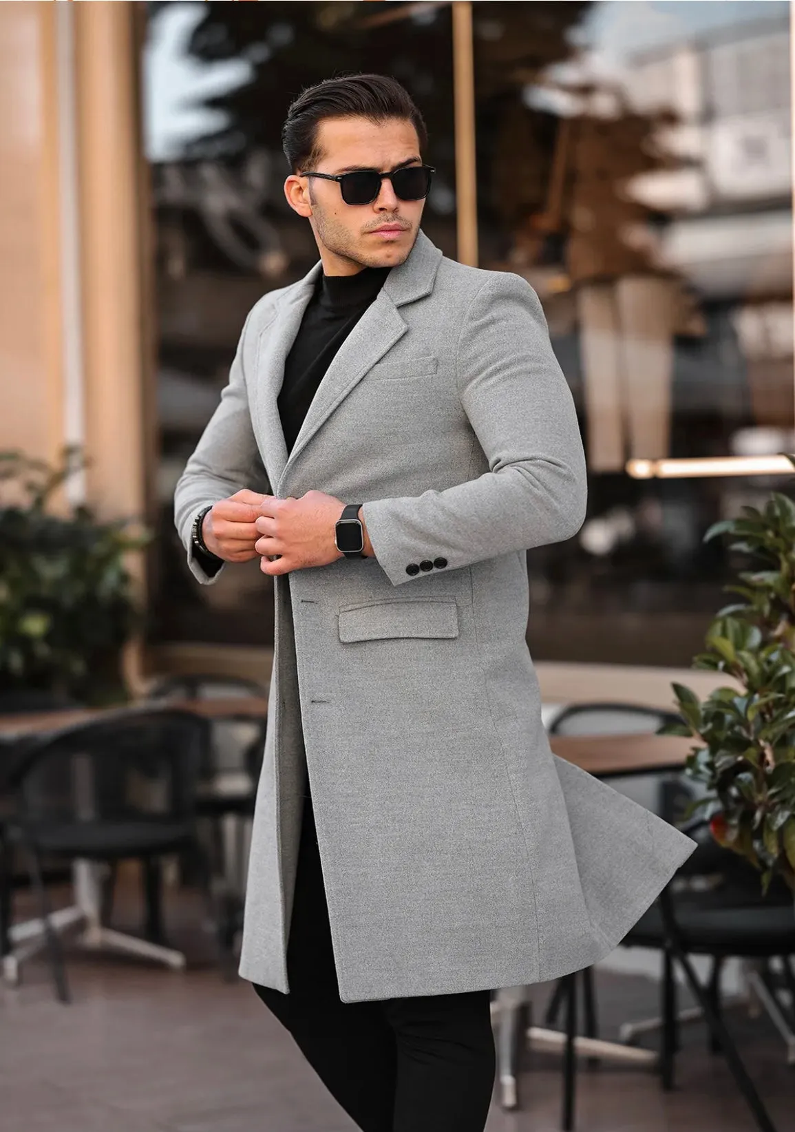 [John Shay] Light Grey Long Single-Breasted Pea Coat 100% Wool