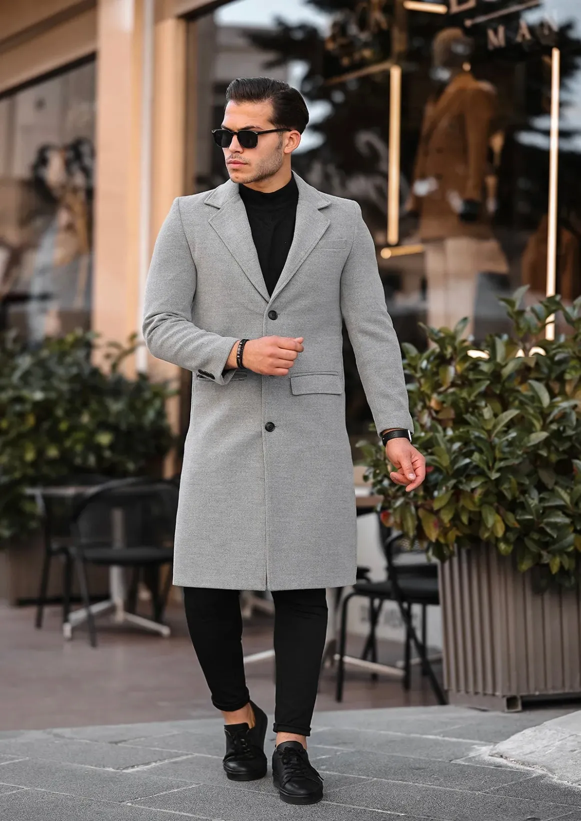 [John Shay] Light Grey Long Single-Breasted Pea Coat 100% Wool
