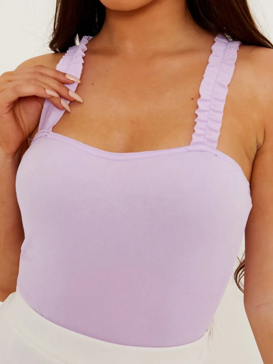 Kamila Ruched Frill Straps Bodysuit In Lilac