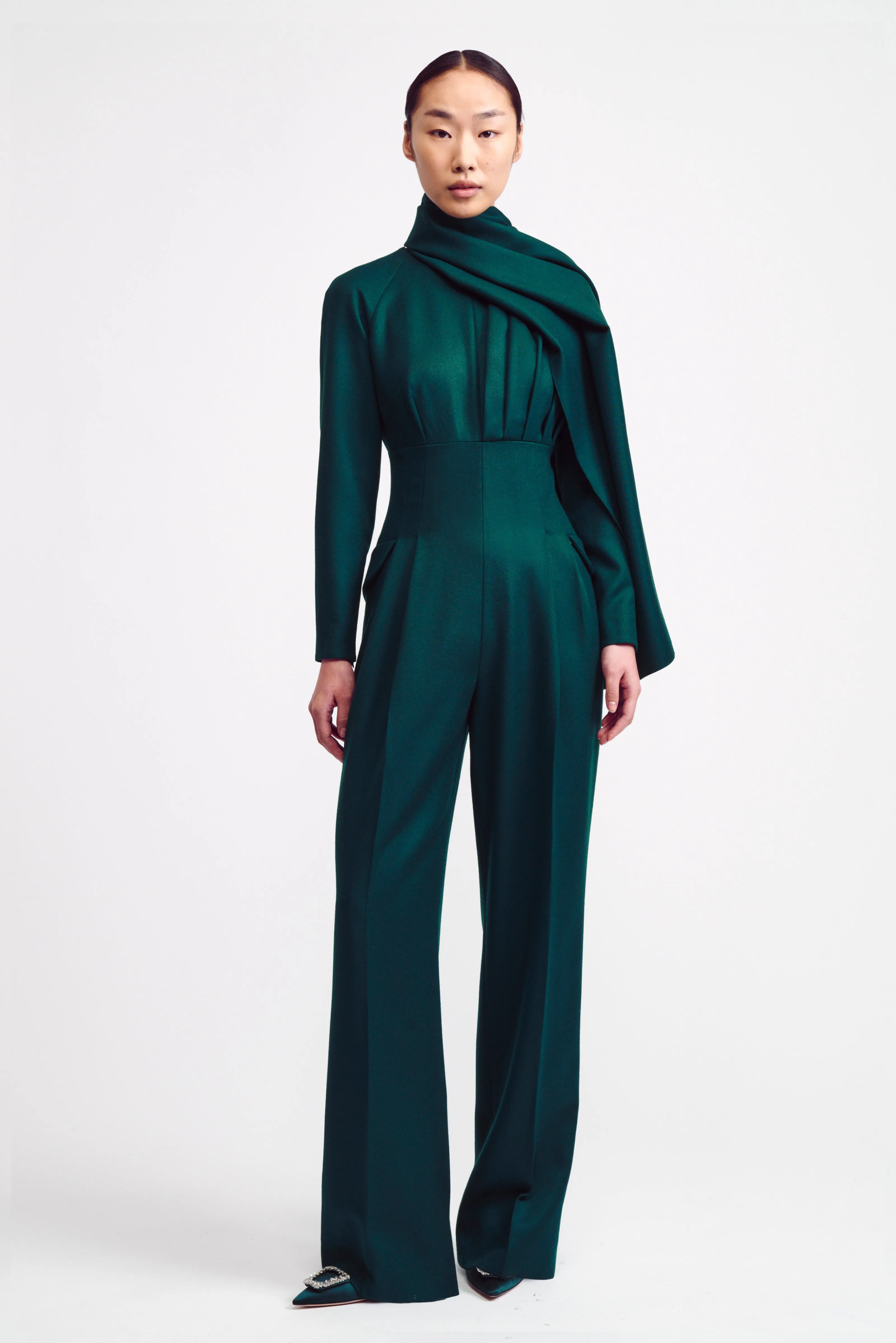 Ksora Cape Detail Jumpsuit in Emerald Green Flanella