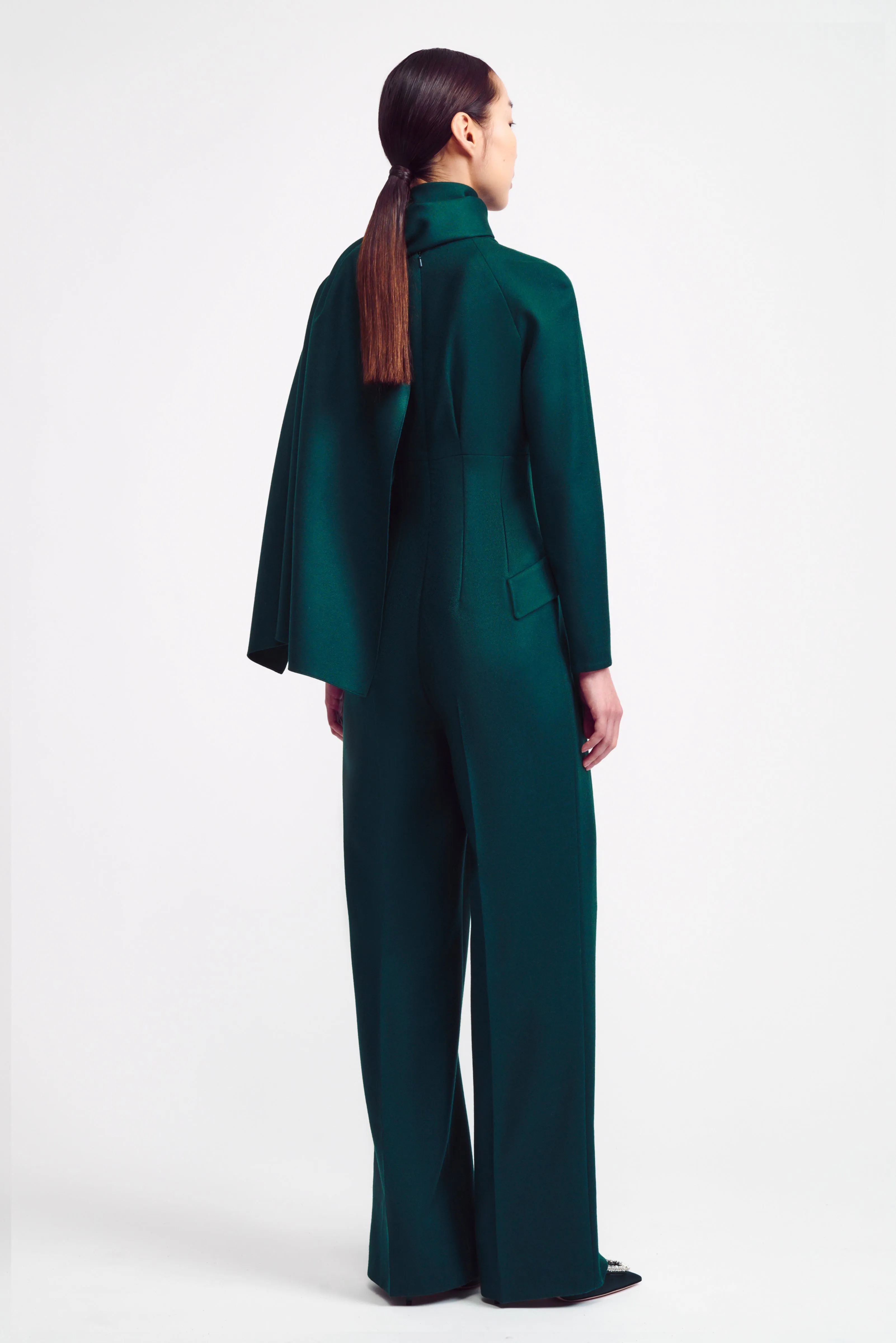 Ksora Cape Detail Jumpsuit in Emerald Green Flanella