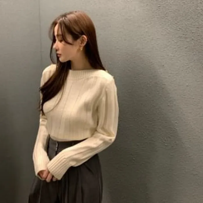 Long-Sleeve Crewneck Plain Knit Top