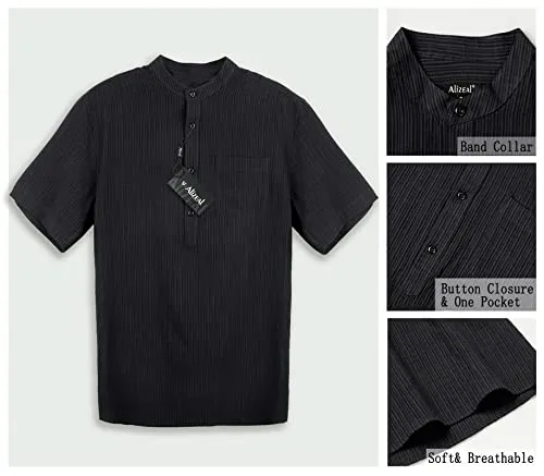 Men's Casual Cotton Viscose Henley Shirt Short Sleeve Solid Button-Down Beach Tops with Pocket-101