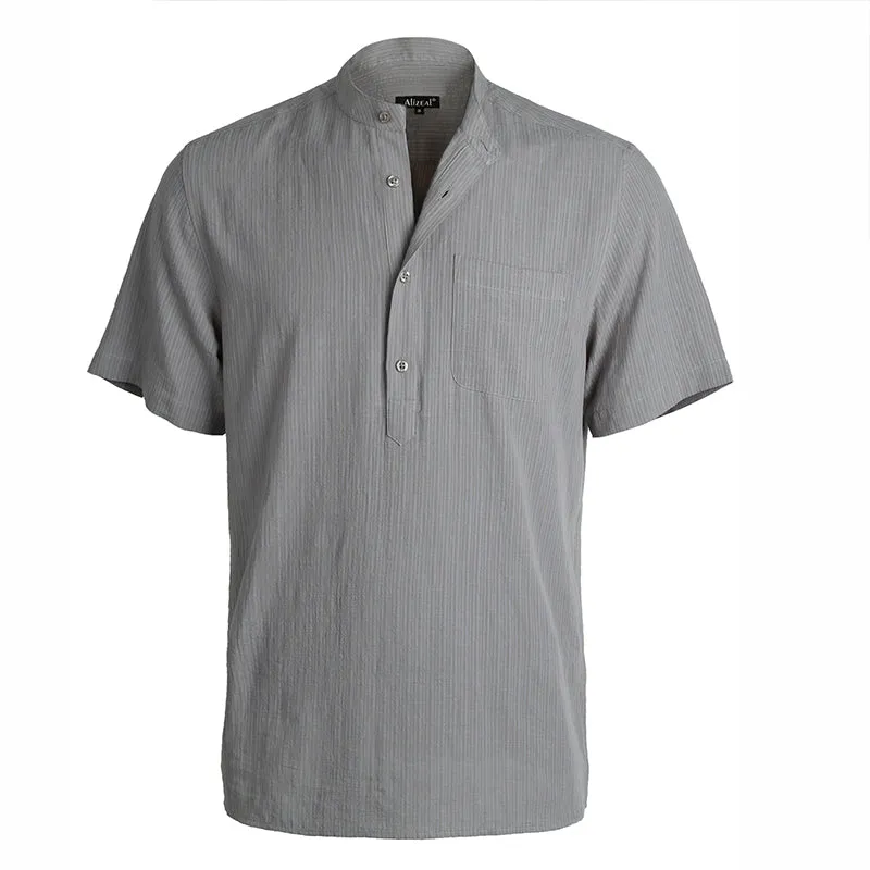 Men's Casual Cotton Viscose Henley Shirt Short Sleeve Solid Button-Down Beach Tops with Pocket-101