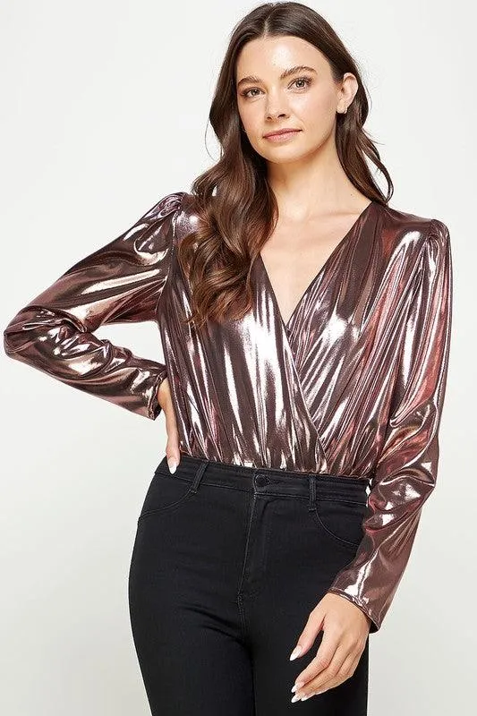 Metallic Long Sleeve Surplice Bodysuit