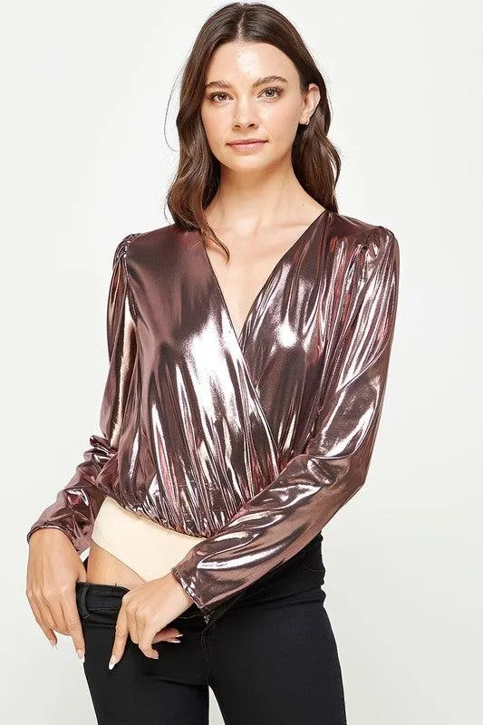 Metallic Long Sleeve Surplice Bodysuit