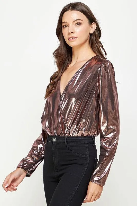 Metallic Long Sleeve Surplice Bodysuit