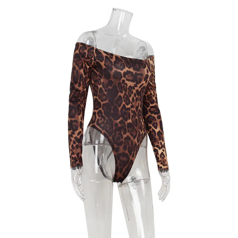 Off Neck High Waist Long Sleeve Leopard Print Bodysuit