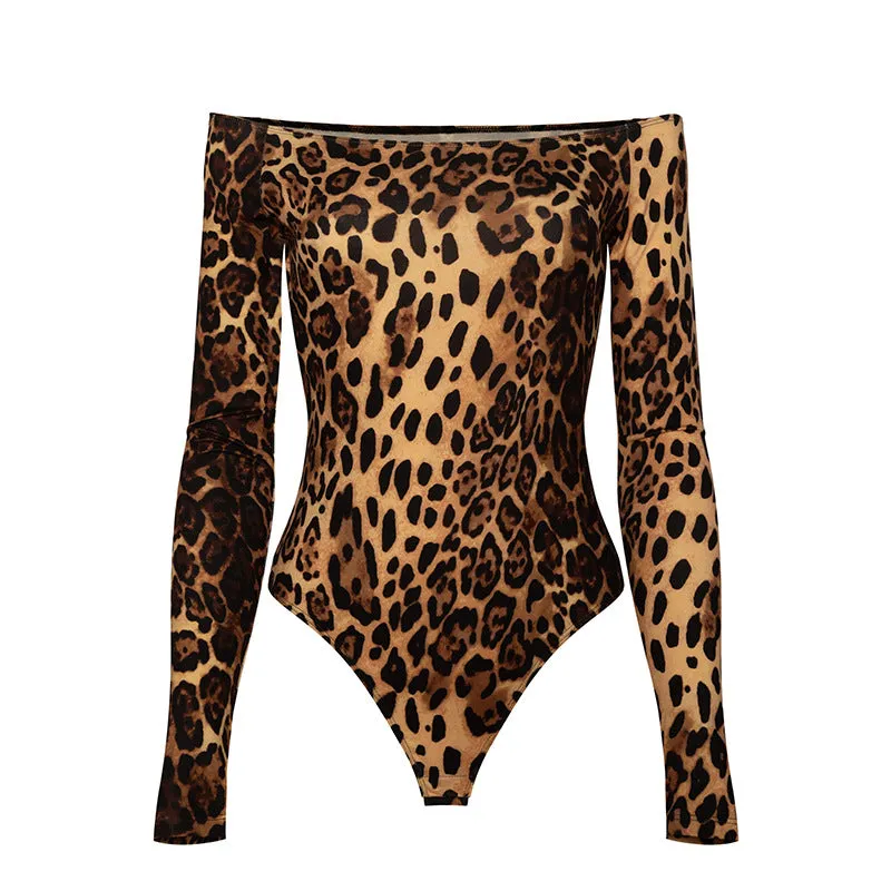 Off Neck High Waist Long Sleeve Leopard Print Bodysuit